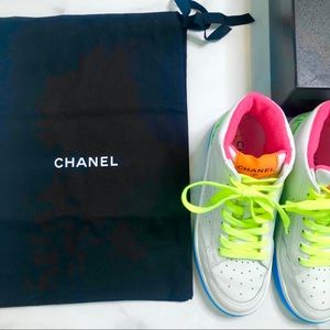 CHANEL | Shoes | Chanel Neon Hightop Sneaker Blue Pattern Size 38 | Poshmark